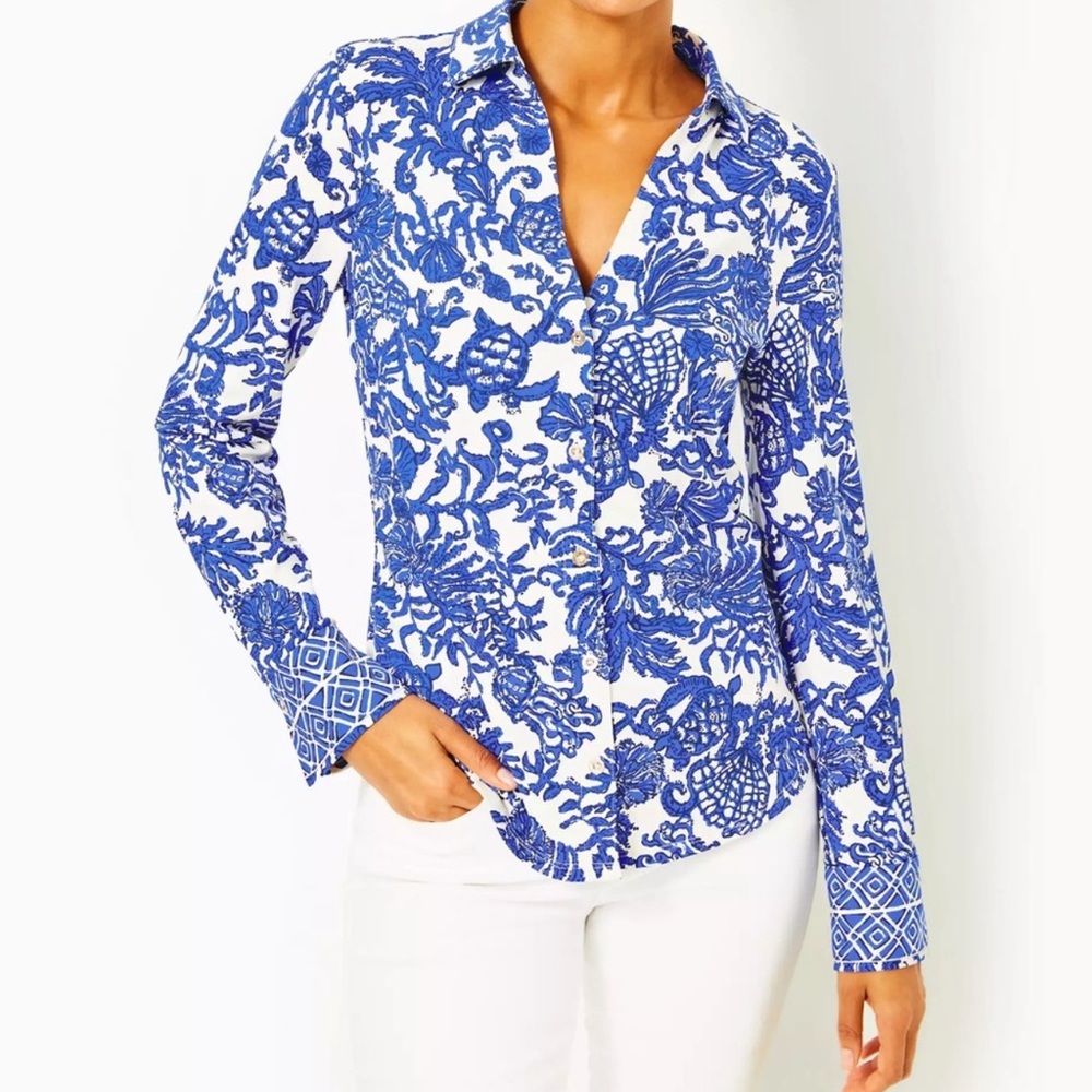 Blue and White Floral Button-Up Shirt